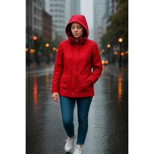Express Tech Red Hooded Utility Jacket Women’s Small Cotton Lightweight Raincoat